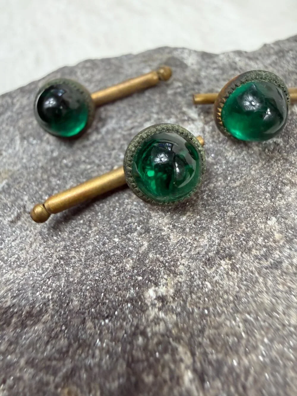 Vintage Set of 3 Green Glass & Brass Button Shirt Studs